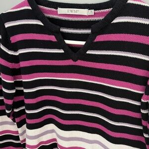 EWM Black and Pink V-Neck Striped Sweater